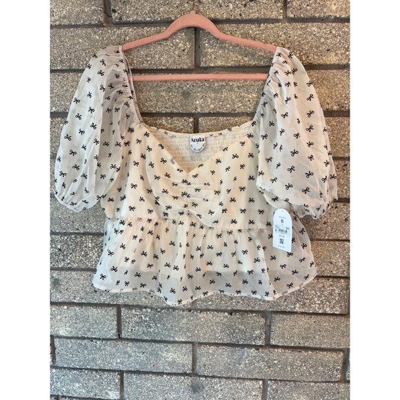 Arula Womens Ivory/Black Puff Sleeve Top With Bow Print Size 2X Polyester Blend - Picture 1 of 9